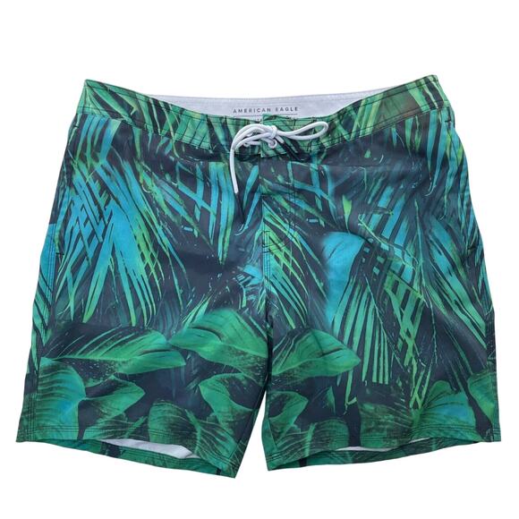 American Eagle Outfitters Board Shorts Mens Large Turquoise Green Palm Frond - Picture 1 of 11